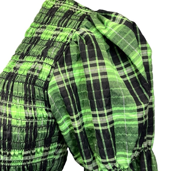 GANNI Seersucker Tiered Check Midi Dress Women in Peapod Green and Black Size 2 - Picture 6 of 16